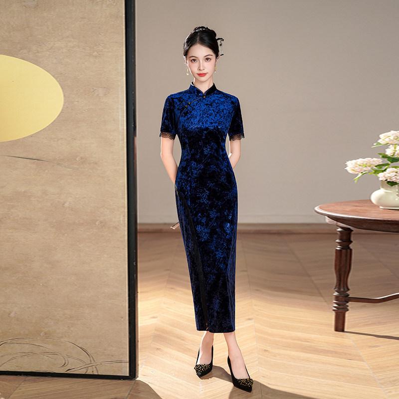 Single split black velvet national style new Chinese long Suzhou cheongsam improved young women's high-end evening dress