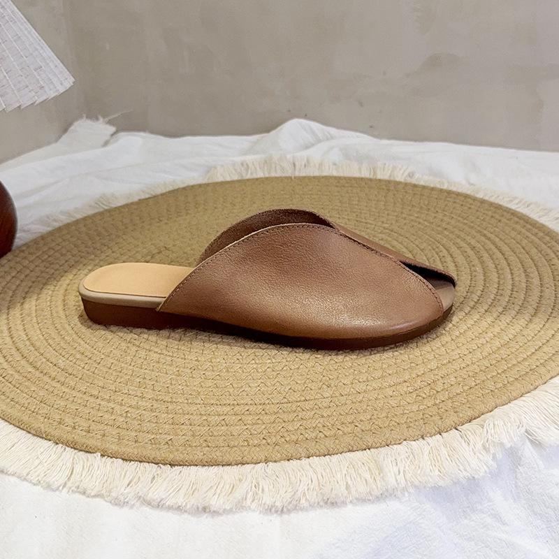 

Johnature Тапочки на плоской подошве с открытым носком из натуральной кожи, винтажные, дышащие, мягкие, подошва, универсальная женская обувь 40 кофейный