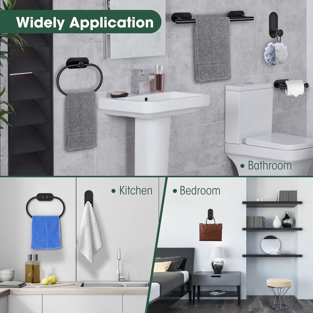 4-Pieces Bathroom Hardware Set, Adhesive Matte Black Bathroom Accessories Including 16in Bath Towel Bar, Toilet Paper Holder, Towel Ring, Hooks,