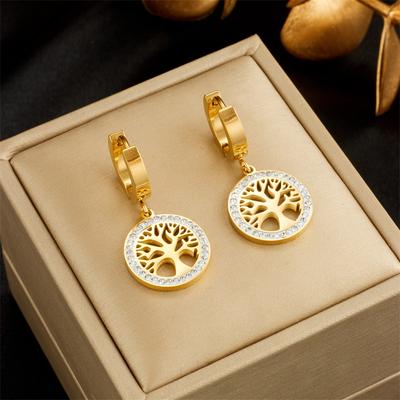 Women Titanium Steel Retro Roundel Crystal Hollow Tree Ear Drop Earring