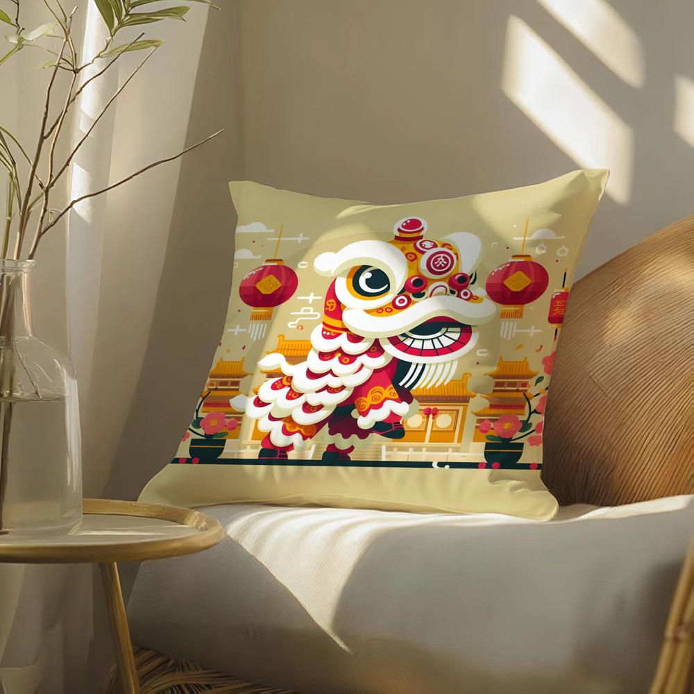 Oriental Festive Lion Print Cushion Cover Silky Elegant Comfort Sofa Bed Invisible Zipper Beach Pillowcase
