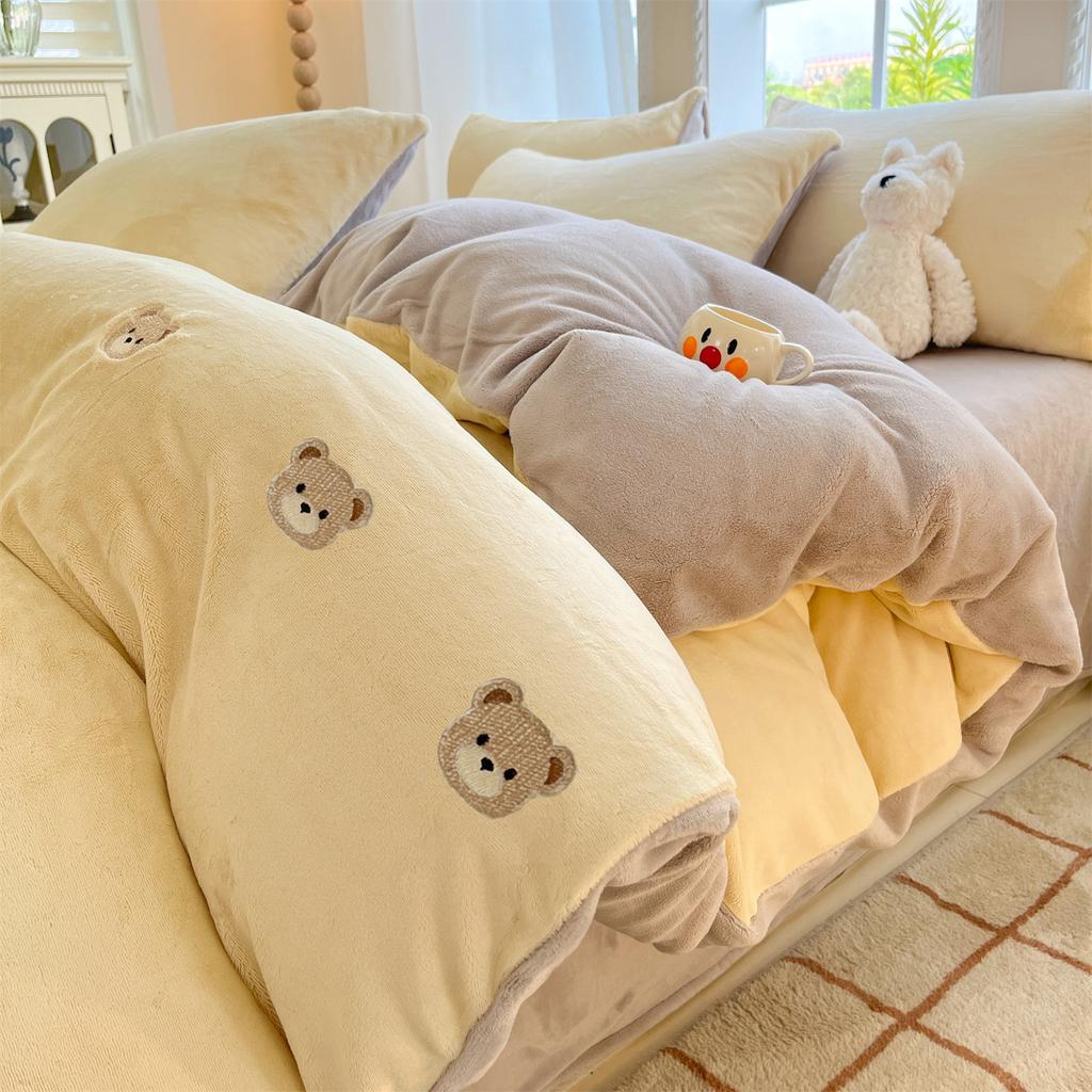 Thickened Milk Fleece Four-Piece Set, Embroidered Coral Fleece Quilt Cover, Thermal Bedding, Fleece Bed Sheet Three-Piece Set