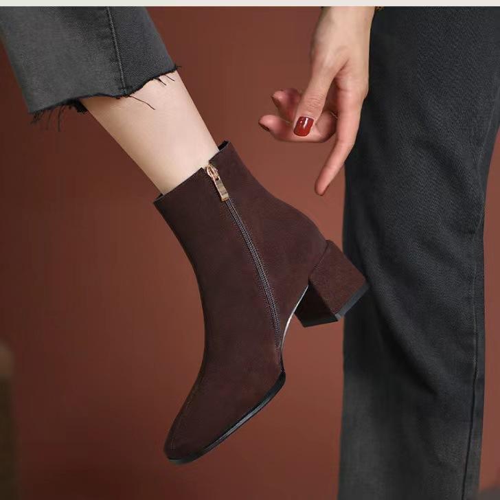 

Short boots women s 2025 spring and autumn new thick heel boots pointed high heels medium heel short boots suede women s boots versatile boots 42