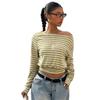 Damen S Gestreiftes Off-Shoulder Langarm Cropped T-Shirt