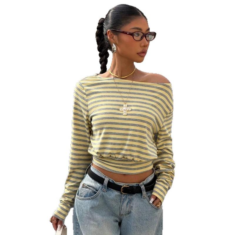 Damen S Gestreiftes Off-Shoulder Langarm Cropped T-Shirt