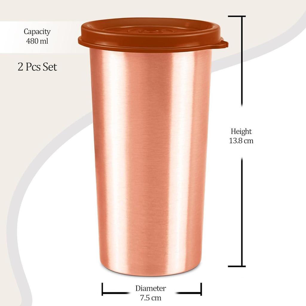 Copper Drinking Water Tumbler with Lid, Set of 2, 480 Ml Each, Copper | 100% Leak Proof | Office | Gym | Yoga | Home | Kitchen