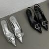 Escarpins argentés à bout pointu pour femmes, chaussures à boucle, sandales slingbacks pour femmes, mode métal, chaussures à talons bas