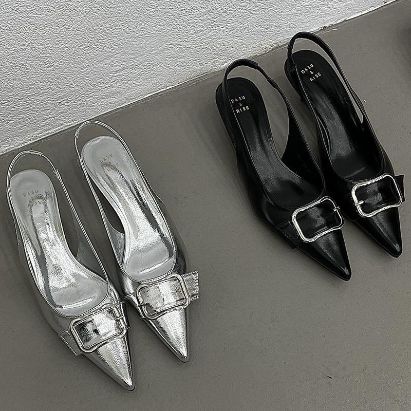 Escarpins argentés à bout pointu pour femmes, chaussures à boucle, sandales slingbacks pour femmes, mode métal, chaussures à talons bas