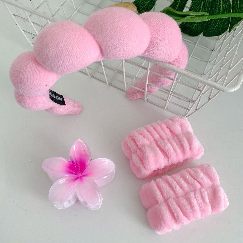 Frangipani Bubble Cloth Flannel Sponge Face Wash Waterproof Hair Band Hair Clip Set Cloud Headband