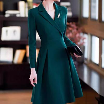 Tooxika Neues einfarbiges langärmeliges Kleid, eleganter professioneller Stil, Anzugkragen, Taille, großer Swingrock