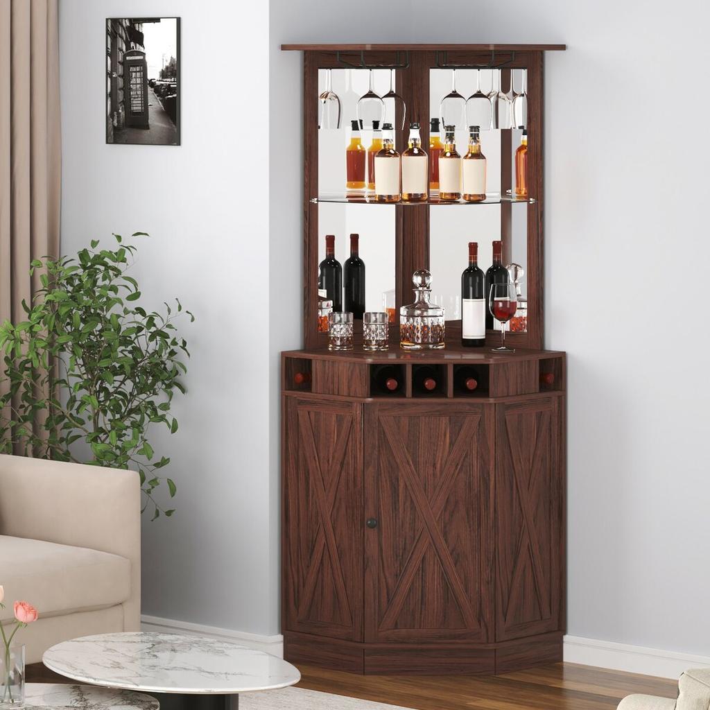 Corner Industrial Bar Cabinet, Wine Table for Liquor & Glasses, Sideboard Buffet Cabinet with Glass Holder, Freestanding Farmhouse Wood Coffee Bar