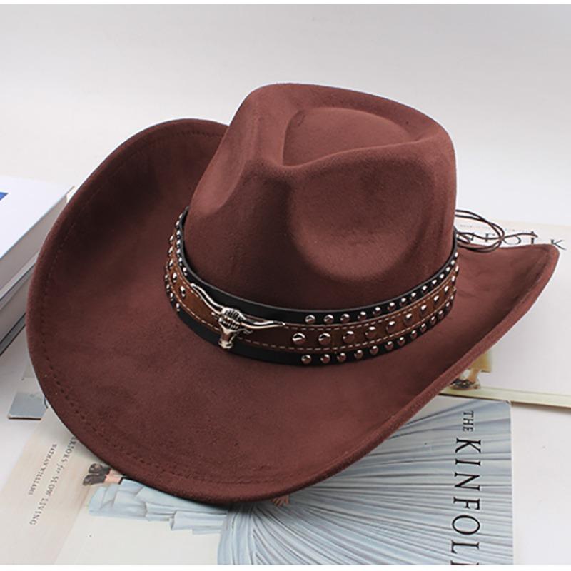 Western Cowboy Style Tibetan Bull Head Accessories Fashion Top Hat Autumn/Winter New Collection Deer Skin Velvet Large Edge Riding Hat