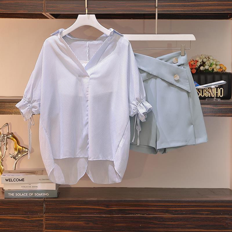 Trendy 2026 Plus Size Women's Summer Outfit: Stylish Shirt & High-Waisted Shorts Three-Piece Set