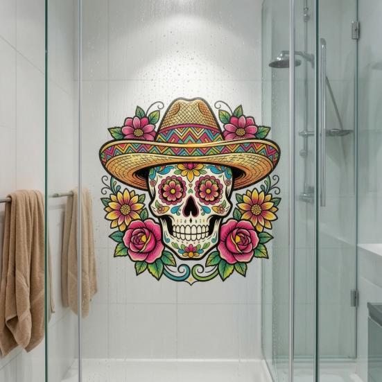 Dia De Los Muertos Window Clings Flower Skull Wall Sticker, Day of The Dead Decorative Mexican Style Festival Ornaments Decals, Waterproof PVC