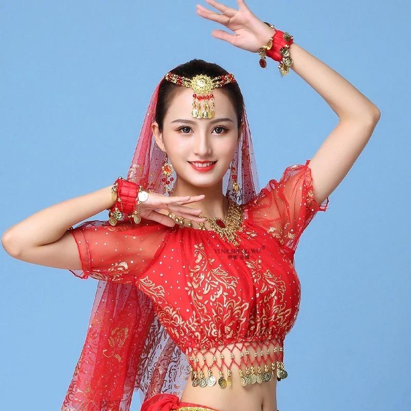 Costume de Danse Femme Danse Indienne Danse du Ventre Vêtements de Spectacle Manches Courtes Manches Longues