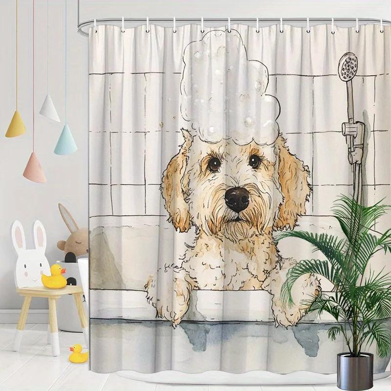 

Curly-Haired Dog Shower Curtain - Watercolor Design, Washable Polyester, 12 Hooks, 70.8X70.8 Inches, Easy Installation W60H190(CM)-1 Pcs