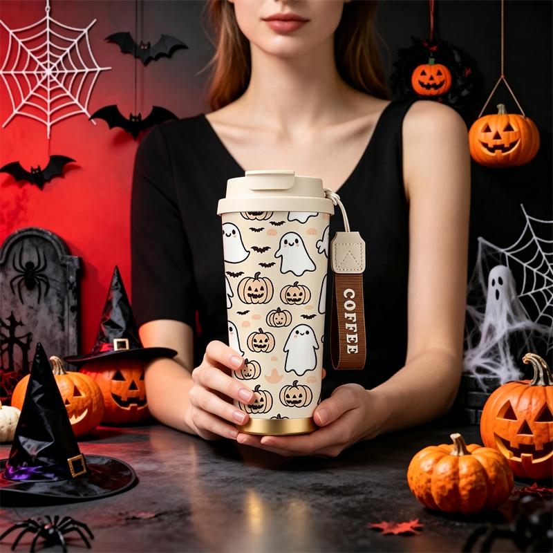 532ml Coffee Cup Halloween Ghost Pumpkin Bat MotifFlip Lid Coffee Cup Commuter Coffee Cup Portable Thermos 532ml Coffee Cup