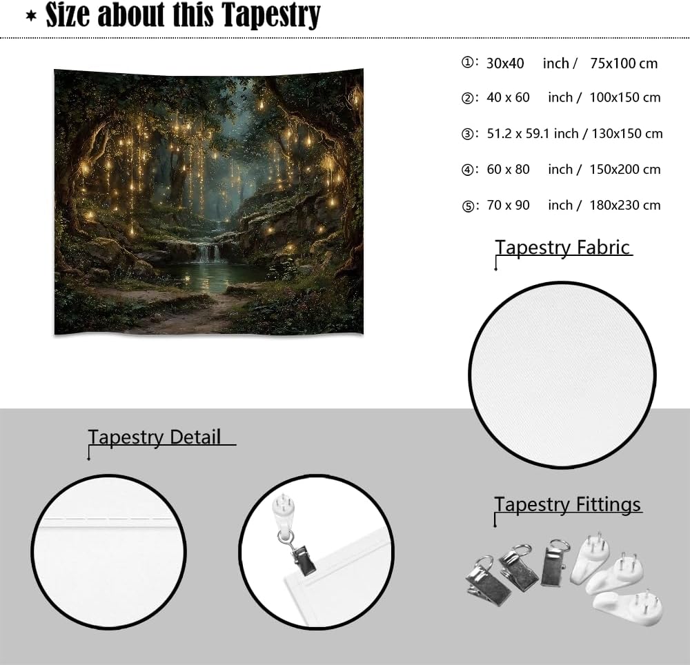 xyeey Gothic Fantasy Enchanted Forest Tapestry Mystical Waterfall Painting Wall Hanging Decor Fairy Lights Nature Landscape Art Vintage Tapestries for