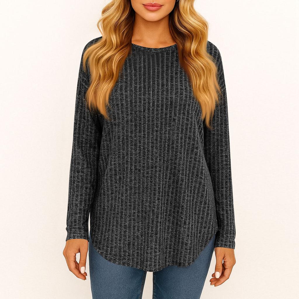 Women's Fashionable Solid Color Round Neck Long Sleeved Loose Fitting Pullover T-shirt Top