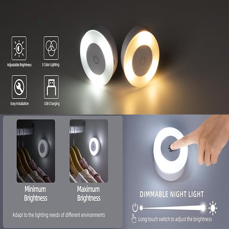 Night Touch Light Bright LED Push Lamp, 3 Colors Dimmable Rechargeable Puck Tap Nightlight Wireless Stick on Lighting