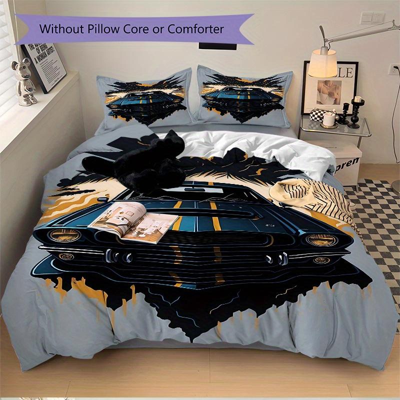 3pcs Muscle Car Racing 1Cover + 2Pillowcases, PillowInserts NotIncluded, Machine Washable, All - Season Use, Suitable for Bedroom Guest Room, 202