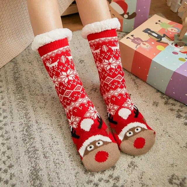 Winter Warm Socks Women Plush Soft Female Non Grip Floor Slippers Short Sock Fuzzy Fluffy Deer Elk Bear Christmas Gift