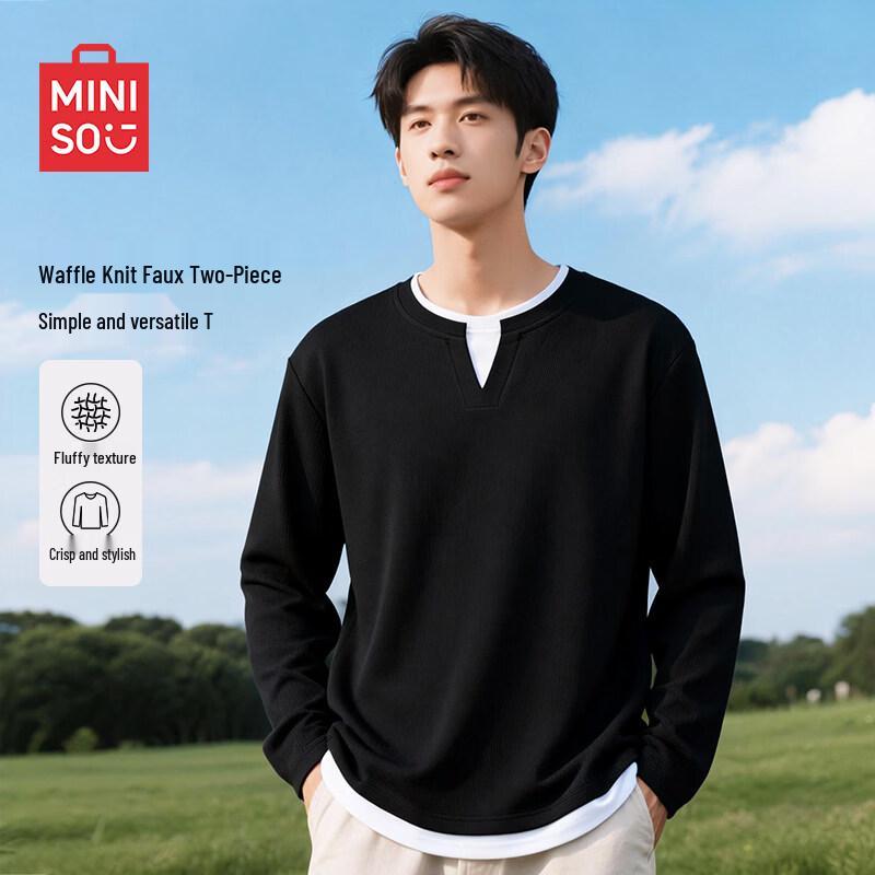 MINISO Men s Waffle Knit Long-Sleeve Faux Two-Piece T-Shirt M