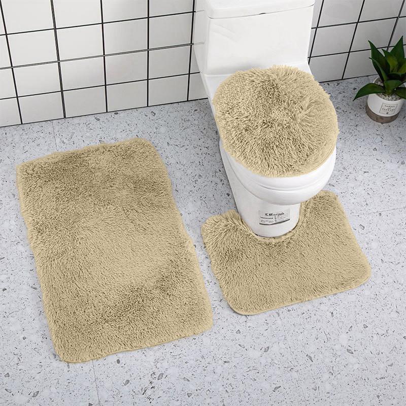 3pc Bathroom Set Rug Mat Toilet Lid Cover Plain Color Bathmats