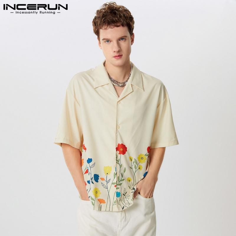 INCERUN Summer T-shirts Men Short Sleeve Floral Print Buttons Casual Loose Tops