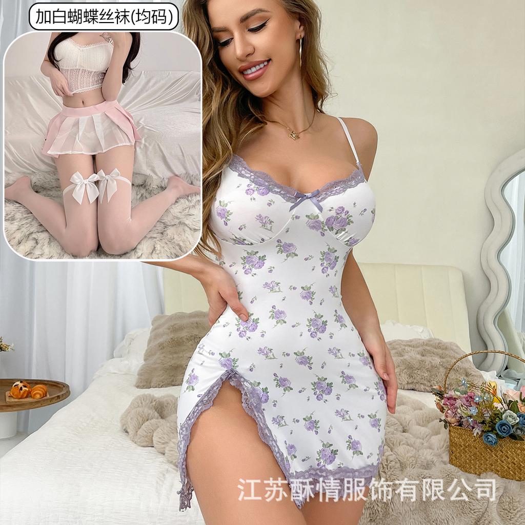 Crispy lingerie small floral splicing lace sexy low-cut European and American style casual split hip skirt nightdress