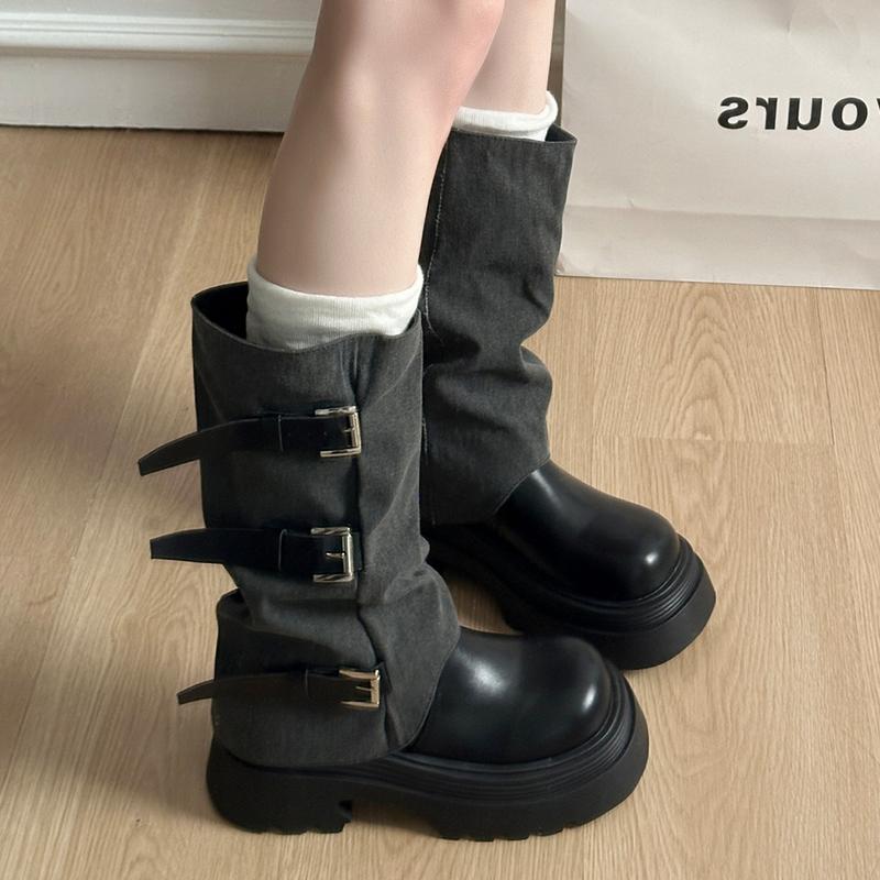 

Платформні жіночі ковбойські чоботи на середніх підборах, дизайнерські чоботи до середини ікри, зимові черевики челсі для ходьби, новий тренд, готичні жіночі чоботи 39