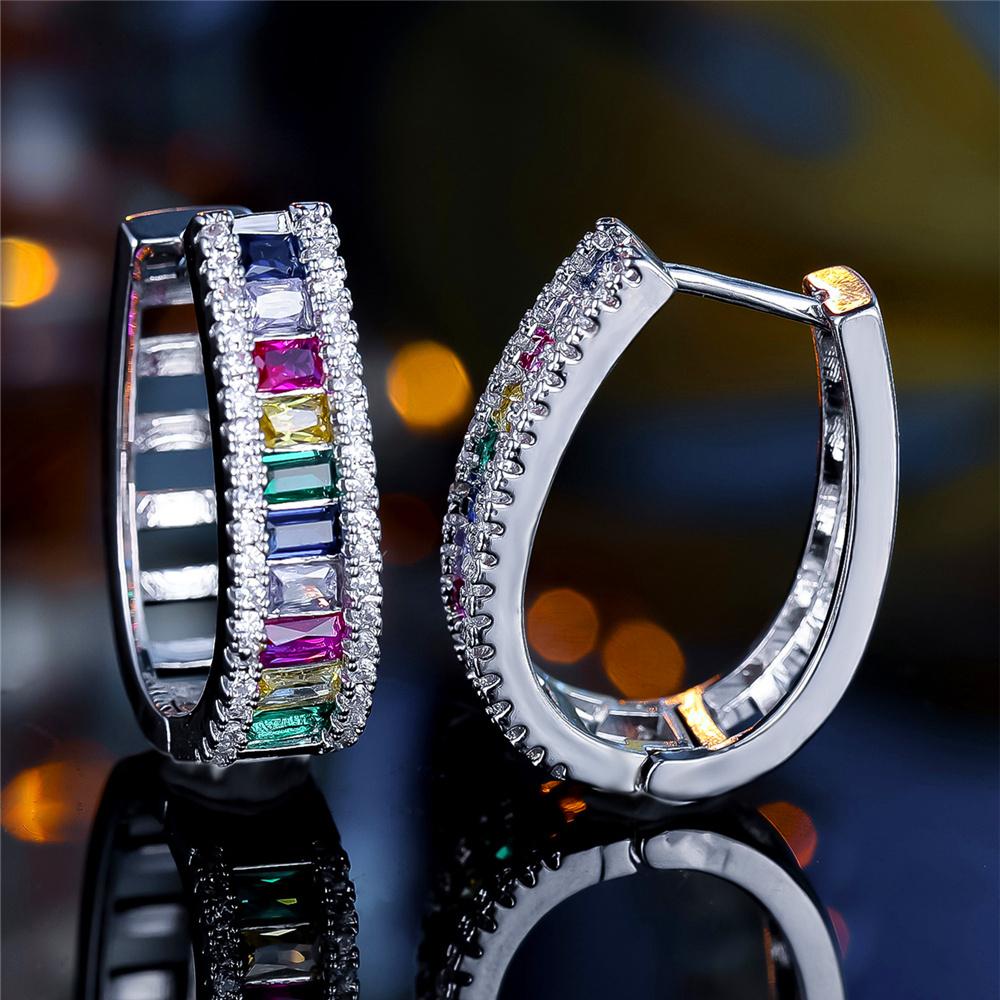 Charm Female Rainbow Zircon Stone Hoop Earrings Silver Color Wedding Jewelry For Women