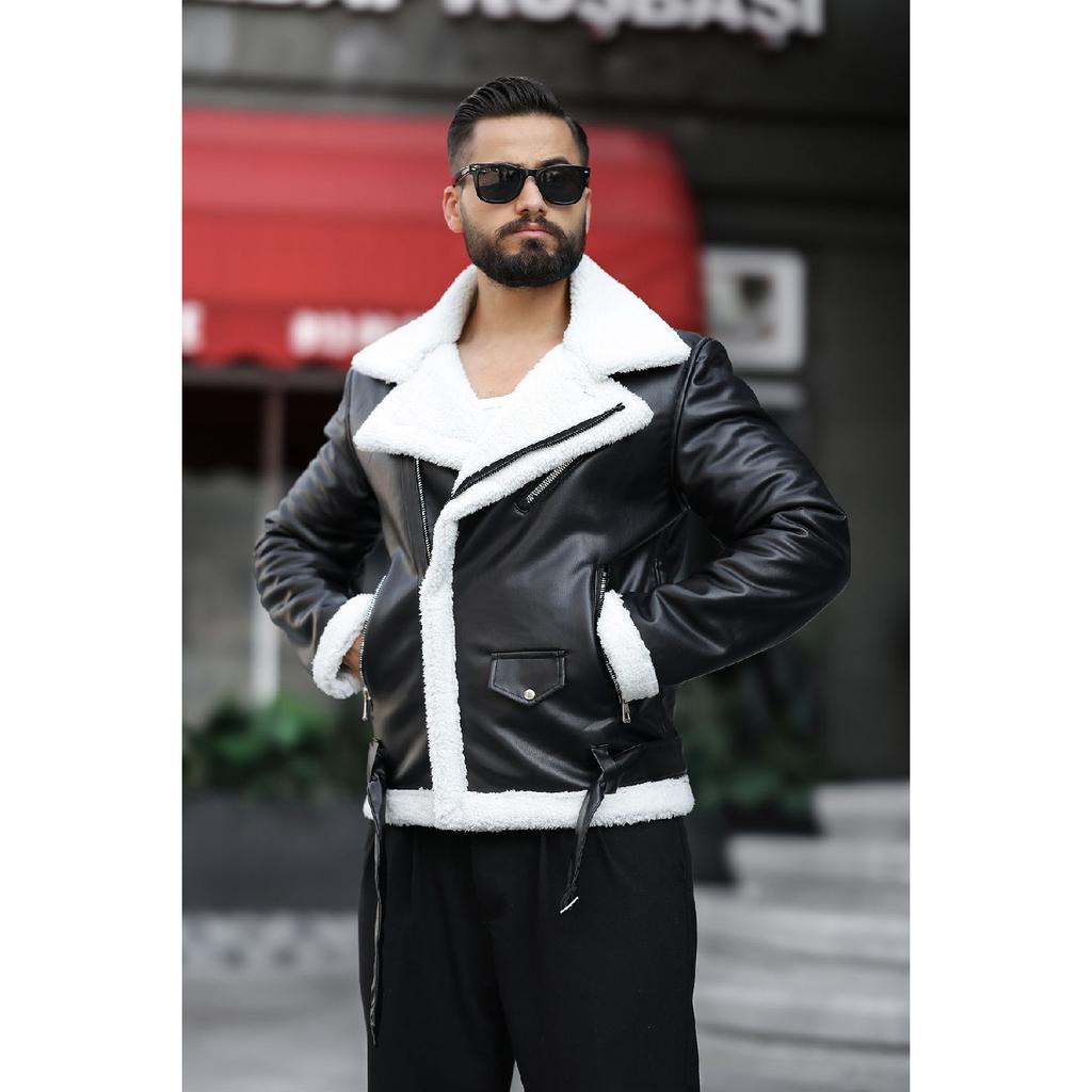 Laminated Leather Double-breasted Coat With Complete Fur Inside