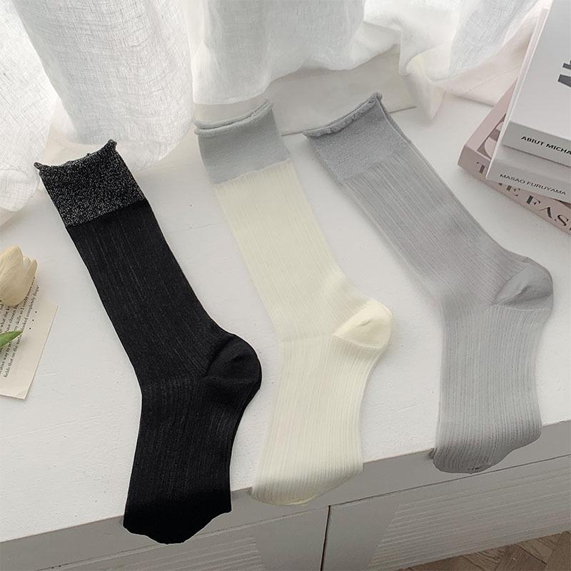 Silver Crystal Ballet Style Mid-Calf Socks - Women's Spring/Summer Transparent Ruffle Stockings, Japanese Sweet Girl Style.