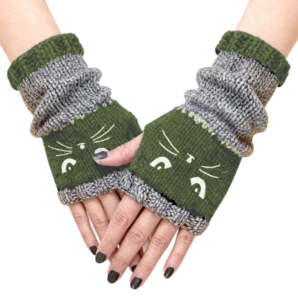 Winter Warme Handschuhe, Patchwork-Strickhandschuhe mit Katzenstickerei, Modische Fingerlose Freizeit-Damenhandschuhe, Neujahrsgeschenke