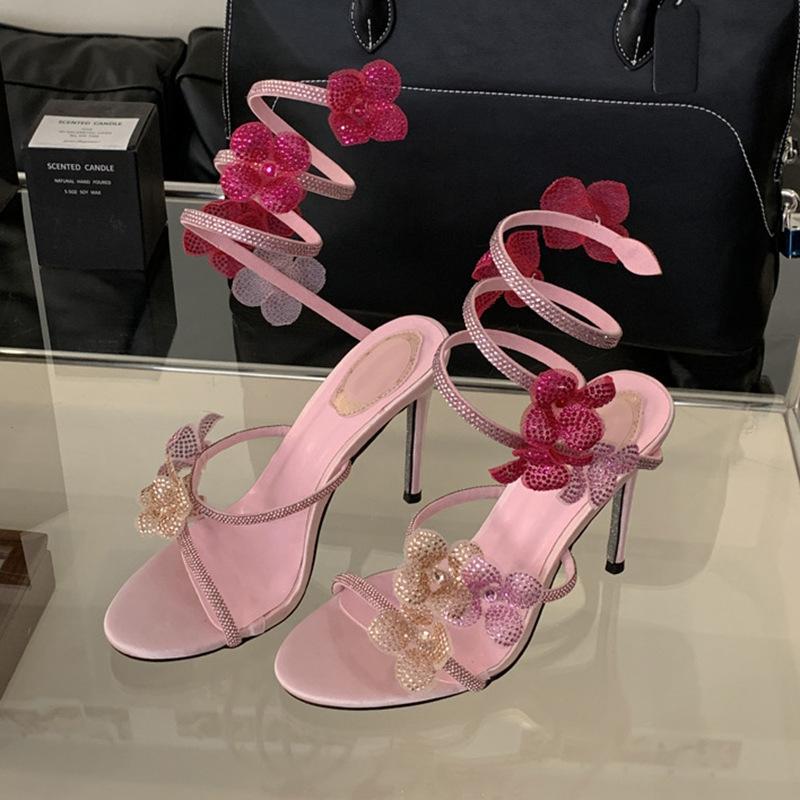 Fairy style flower high heels female 2025 summer new niche design snake-shaped winding stiletto sandals