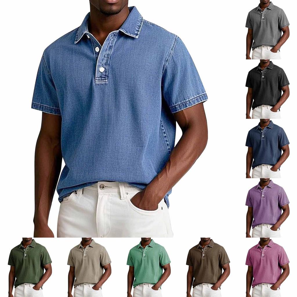 Men's Summer Solid Color Vintage Button Lapel Short Sleeve Shirt Tops