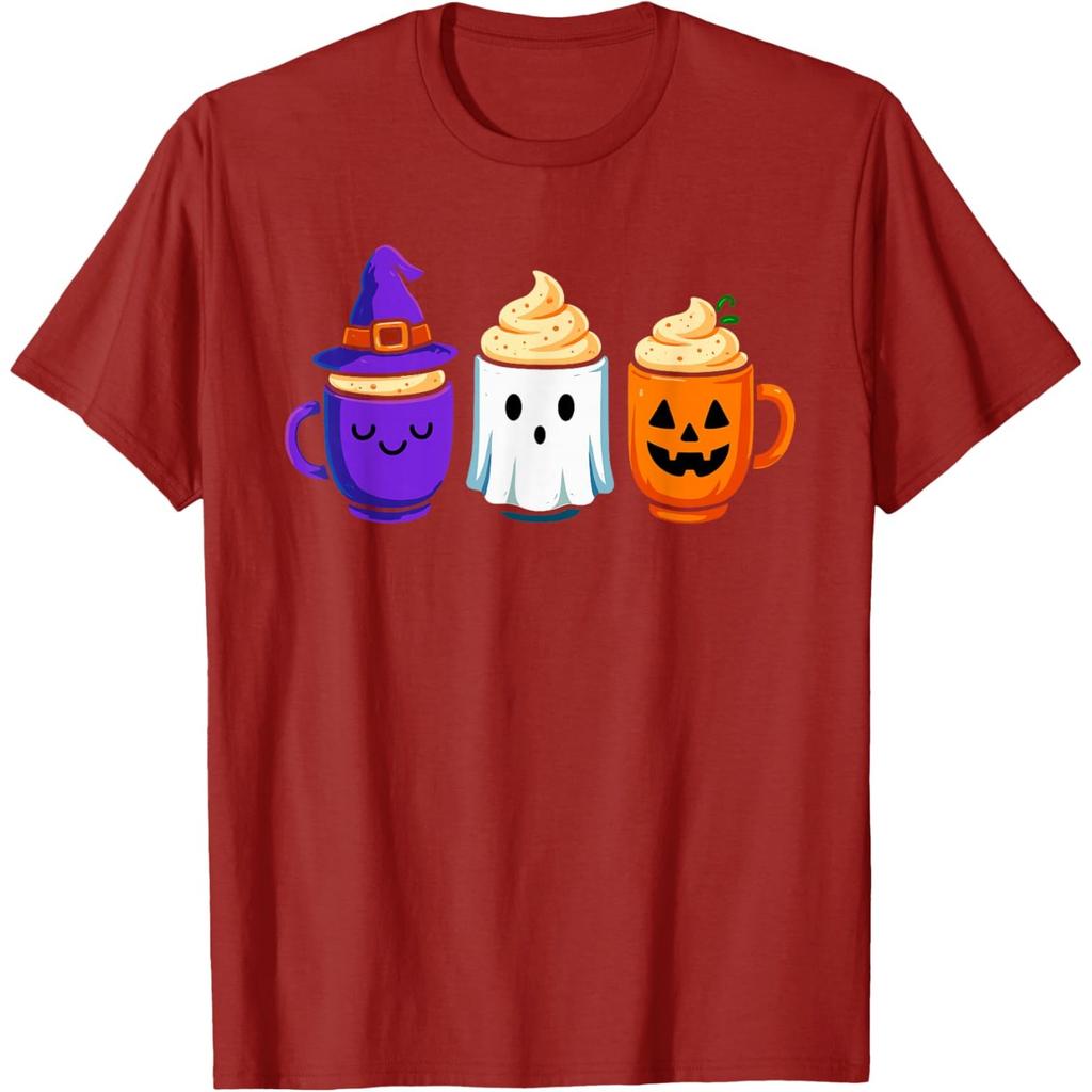 Cute Pumpkin Ghost Witch Coffee Graphic T-Shirt Funny Halloween Holiday Cotton Tee