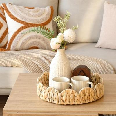 Scalloped Edge Wicker Tray with Handles Round Serving Tray Lightweight Rattan