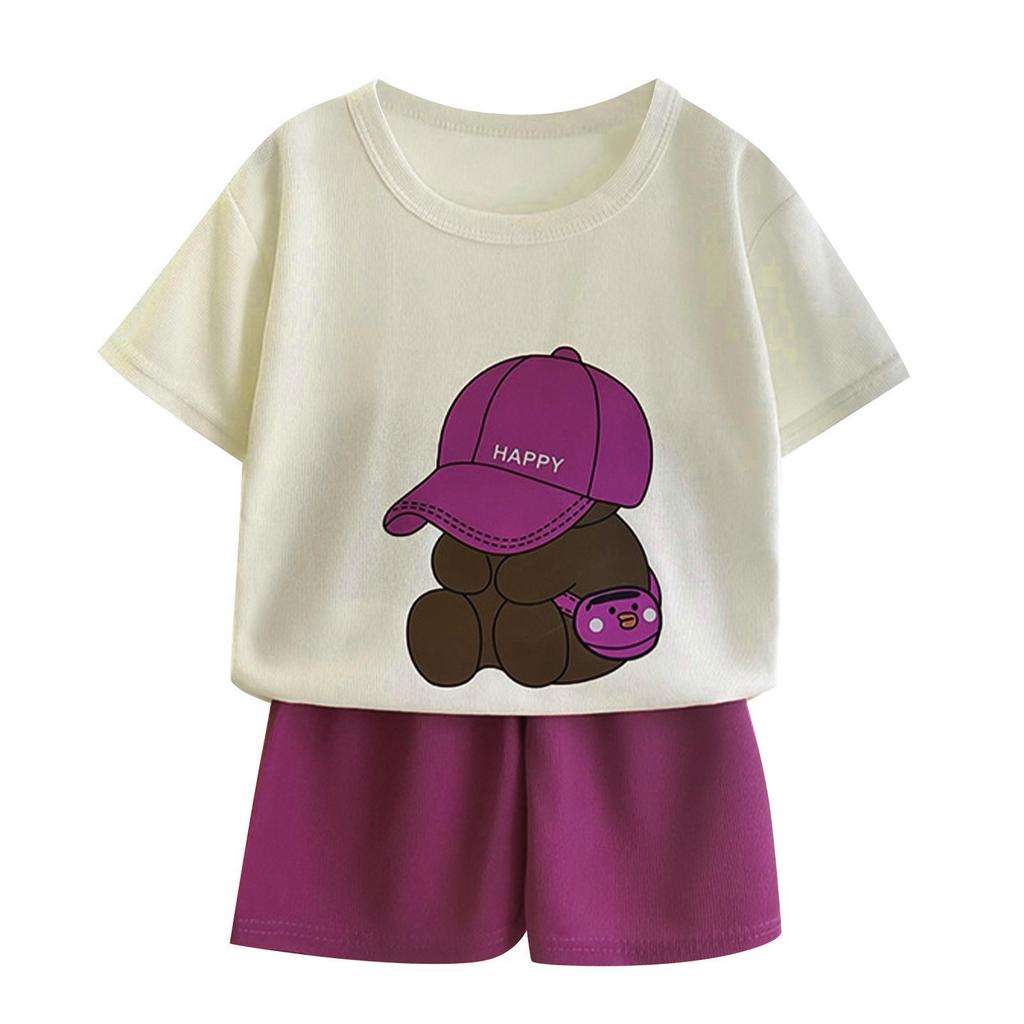 Children Boys 2PCS Tracksuits Cotton Bear Printed Short Sleeves+shorts Kids Boys Outfits Loose Round Collar Little Boys Tee Suit