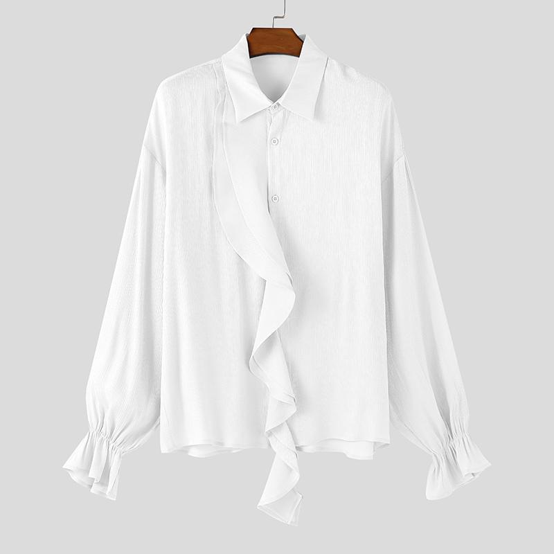 

INCERUN Men Long Sleeve Lapel Neck Ruffled Patchwork Casual Buttons Shirts 3XL білий