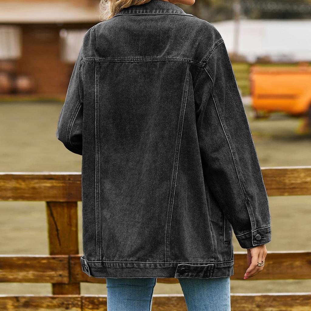 Women's Fashionable Versatile Classic Retro Solid Color Lapel Long Sleeved Pocket Loose Denim Jacket
