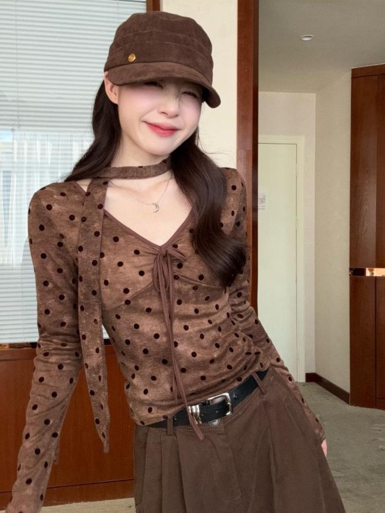 Großformat Vintage Polka Dot Schlankes V-Ausschnitt Langarm T-Shirt für Damen und Mädchen - Herbstmode