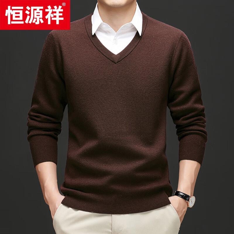 Hengyuanxiang Men's Thickened 100% Fine Wool V-Neck Sweater