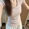 Gray pink shoulder u-neck short-sleeved T-shirt women's summer basic versatile casual sweet and spicy waist slim short top