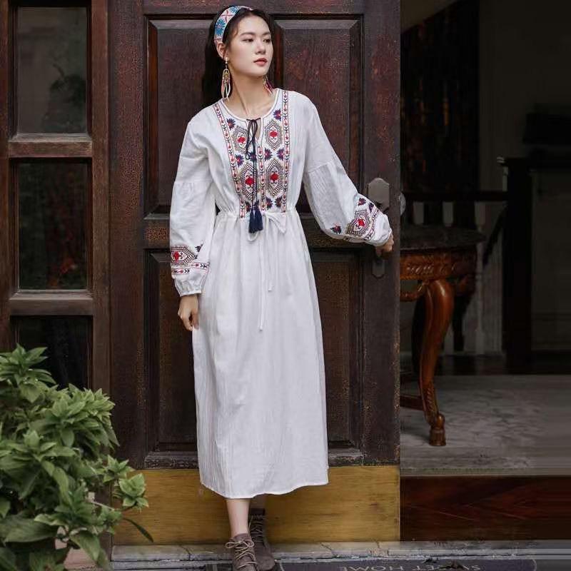 Artistic Retro White Slimming Embroidered Cotton Linen Dress