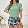 New Women's 2 Piece Pajamas Sets Letter Short Sleeve Pullover Tops and Drawstring Plaid Shorts Casual T Shirt Loungewear Pjs Set