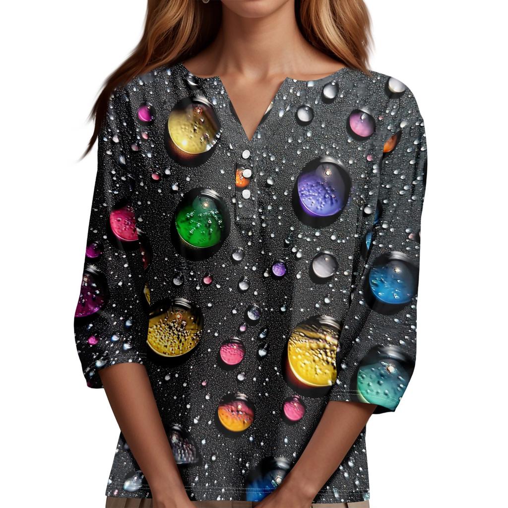 Damska koszulka z nadrukiem na guziki, rękaw 3/4, codzienna, weekendowa, modna, podstawowa, dekolt w serek, regularny top