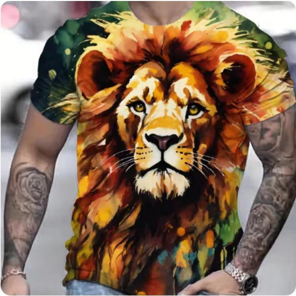 Summer Casual Men's Clothing Oversized Loose Lion Pattern Printed Short Sleeved Round Neck Fitness T-shirts