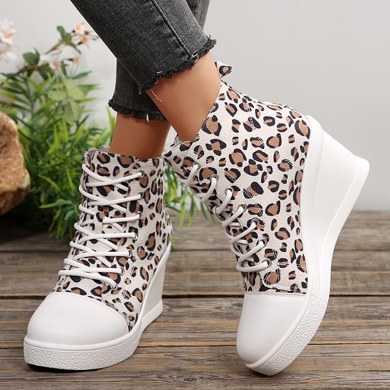 Fashion Fashion Leopard Print Ankle Boots for Women Lightweight Platform Wedge Heel Casual Shoes Woman Thick Sole Lace Up Short Boots 43